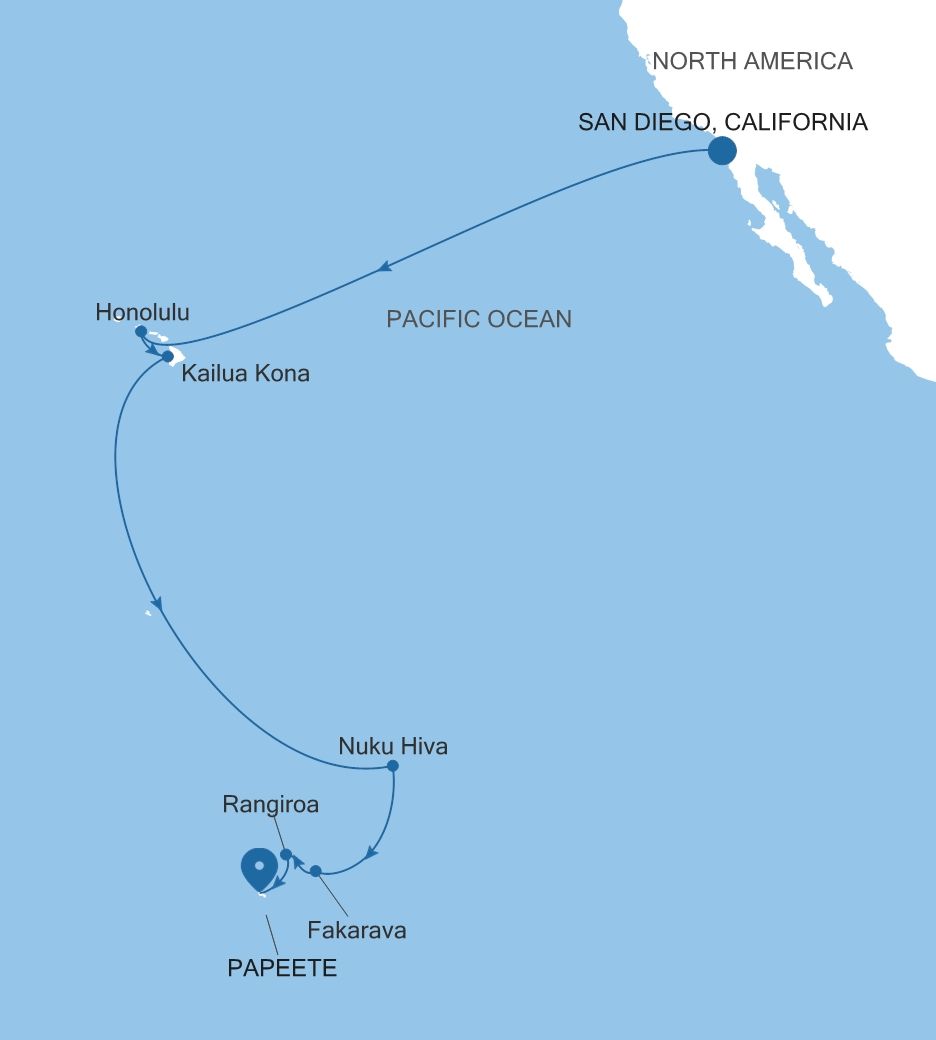 Map of Silver Whisper voyage WH290105018 from San Diego, California to Papeete (Tahiti)