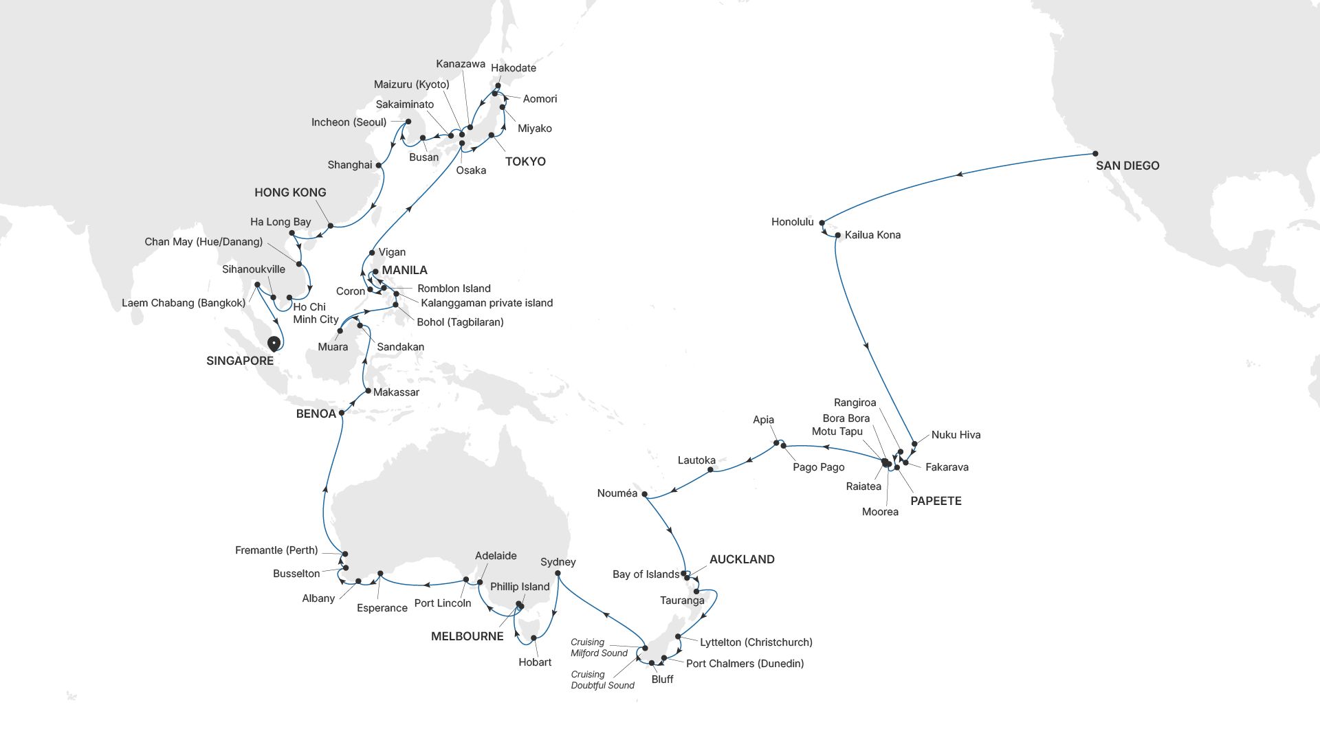 Map of Silver Whisper voyage WH290105125 from San Diego, California to Singapore