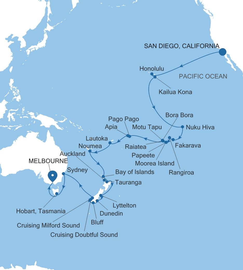 Map of Silver Whisper voyage WH290105C52 from San Diego, California to Melbourne