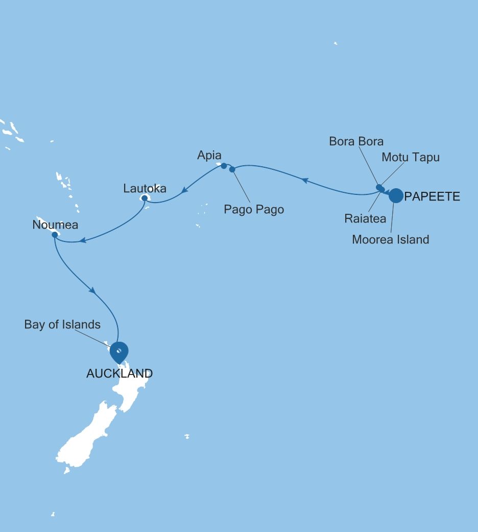 Map of Silver Whisper voyage WH290123018 from Papeete (Tahiti) to Auckland