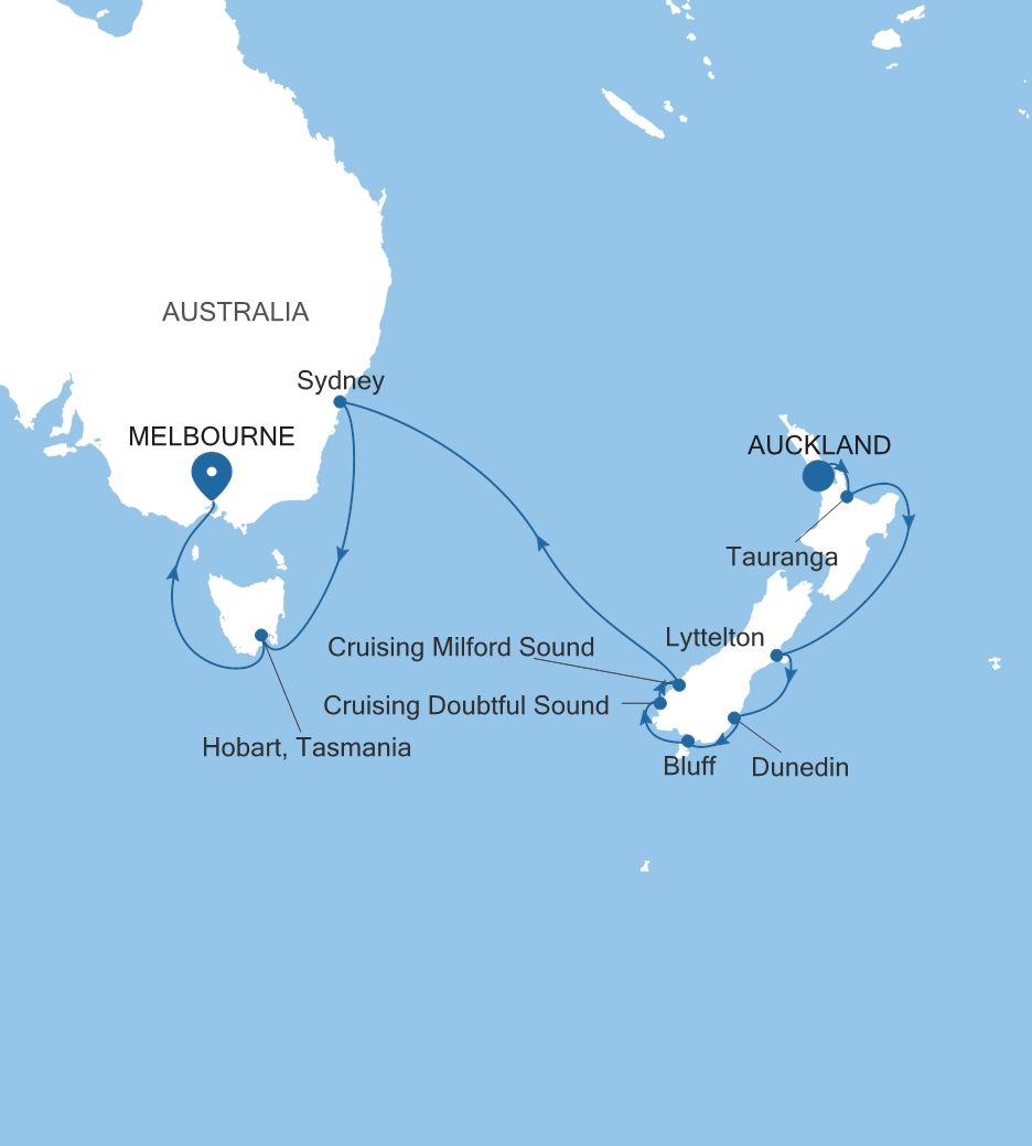 Map of Silver Whisper voyage WH290211016 from Auckland to Melbourne