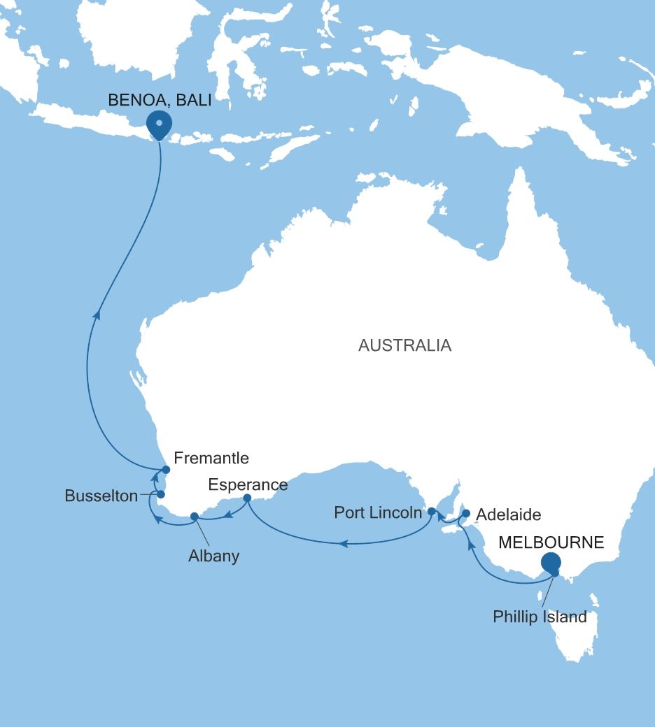 Map of Silver Whisper voyage WH290227014 from Melbourne to Benoa, Bali