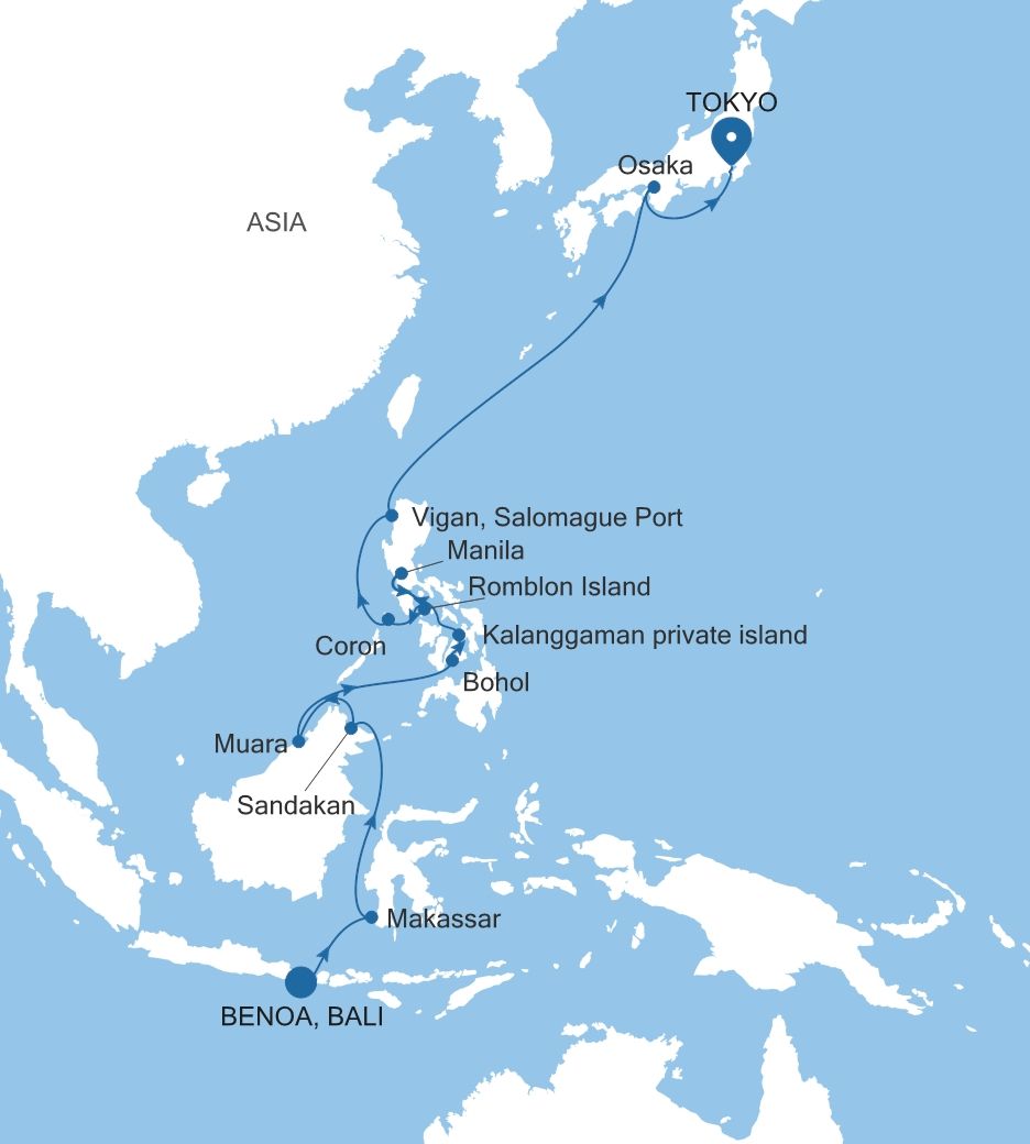 Map of Silver Whisper voyage WH290313C24 from Benoa, Bali to Tokyo