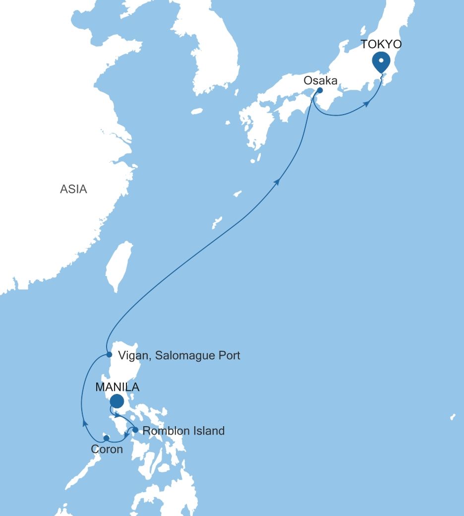 Map of Silver Whisper voyage WH290325012 from Manila to Tokyo