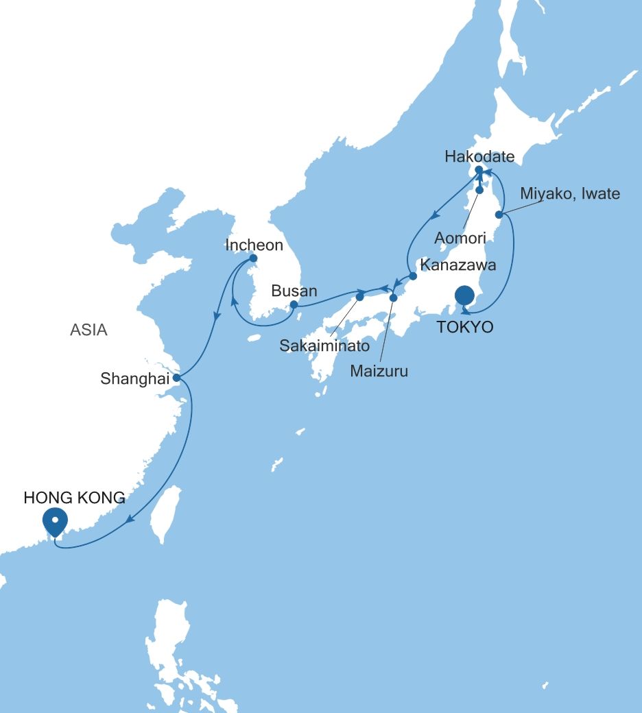 Map of Silver Whisper voyage WH290406019 from Tokyo to Hong Kong