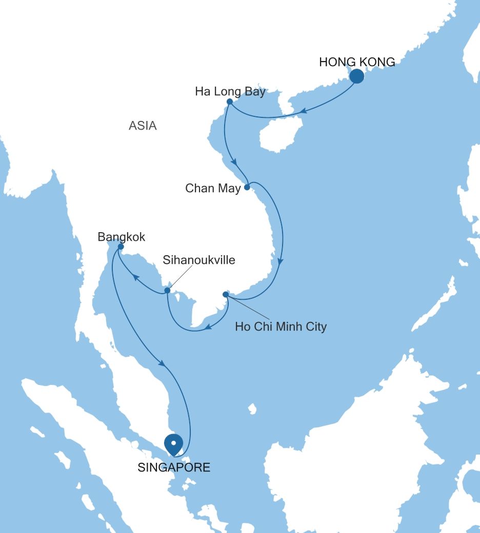 Map of Silver Whisper voyage WH290425016 from Hong Kong to Singapore