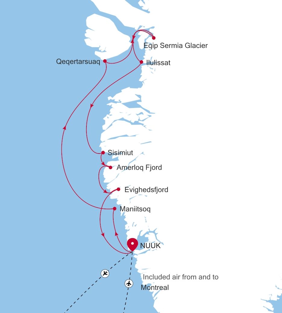 Map of Silver Wind voyage WI260726007 from Nuuk (Godthab) to Nuuk (Godthab)