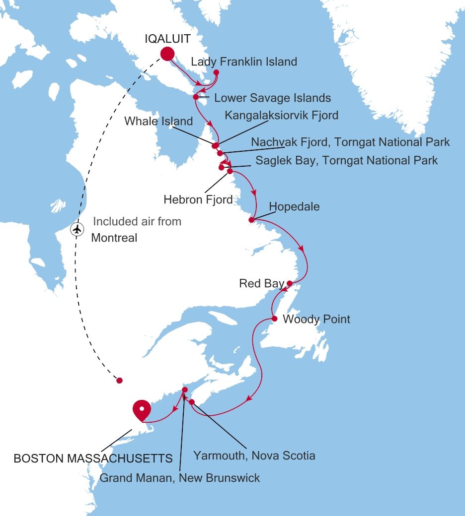 Map of Silver Wind voyage WI260913013 from Iqaluit (Nunavut) to Boston Massachusetts