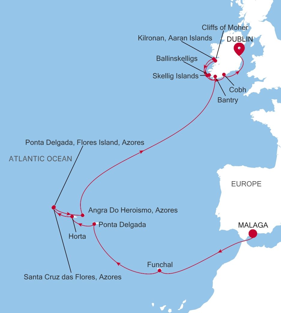 Map of Silver Wind voyage WI270423016 from Malaga (Costa del Sol) to Dublin