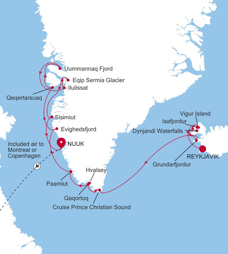 Map of Silver Wind voyage WI270625014 from Reykjavik to Nuuk (Godthab)