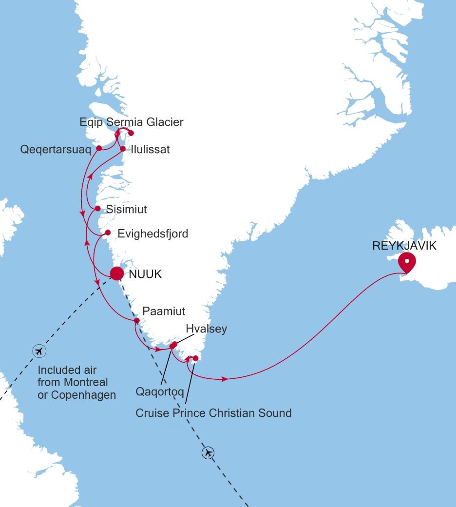 Map of Silver Wind voyage WI270709010 from Nuuk (Godthab) to Reykjavik