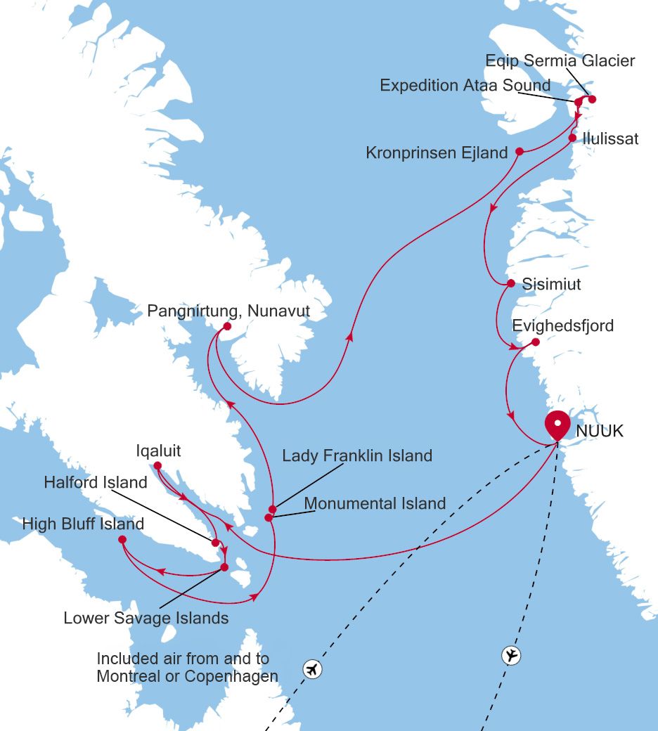 Map of Silver Wind voyage WI270801013 from Nuuk (Godthab) to Nuuk (Godthab)