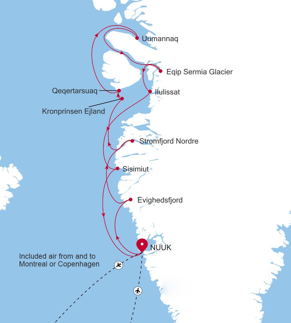 Map of Silver Wind voyage WI270814008 from Nuuk (Godthab) to Nuuk (Godthab)
