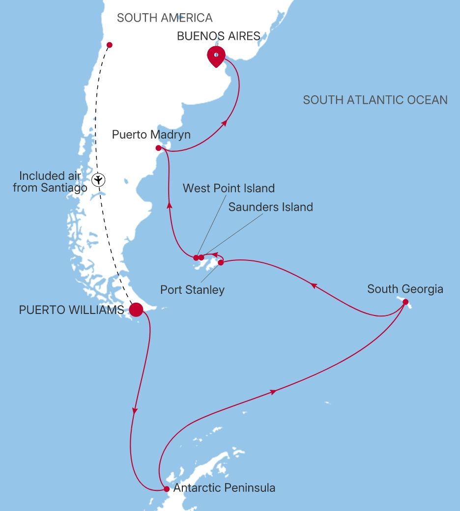 Silver Wind Puerto Williams to Buenos Aires voyage WI280309021 itinerary map