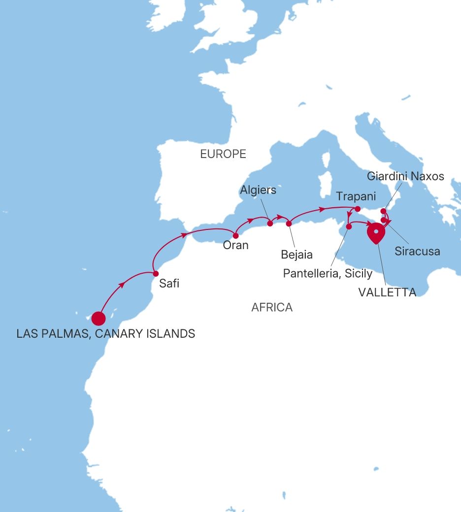 Silver Wind Las Palmas, Canary Islands to Valletta voyage WI280414013 itinerary map