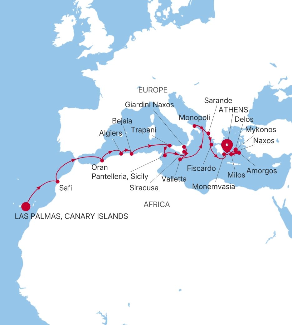 Silver Wind Las Palmas, Canary Islands to Athens (Piraeus) voyage WI280414C23 itinerary map