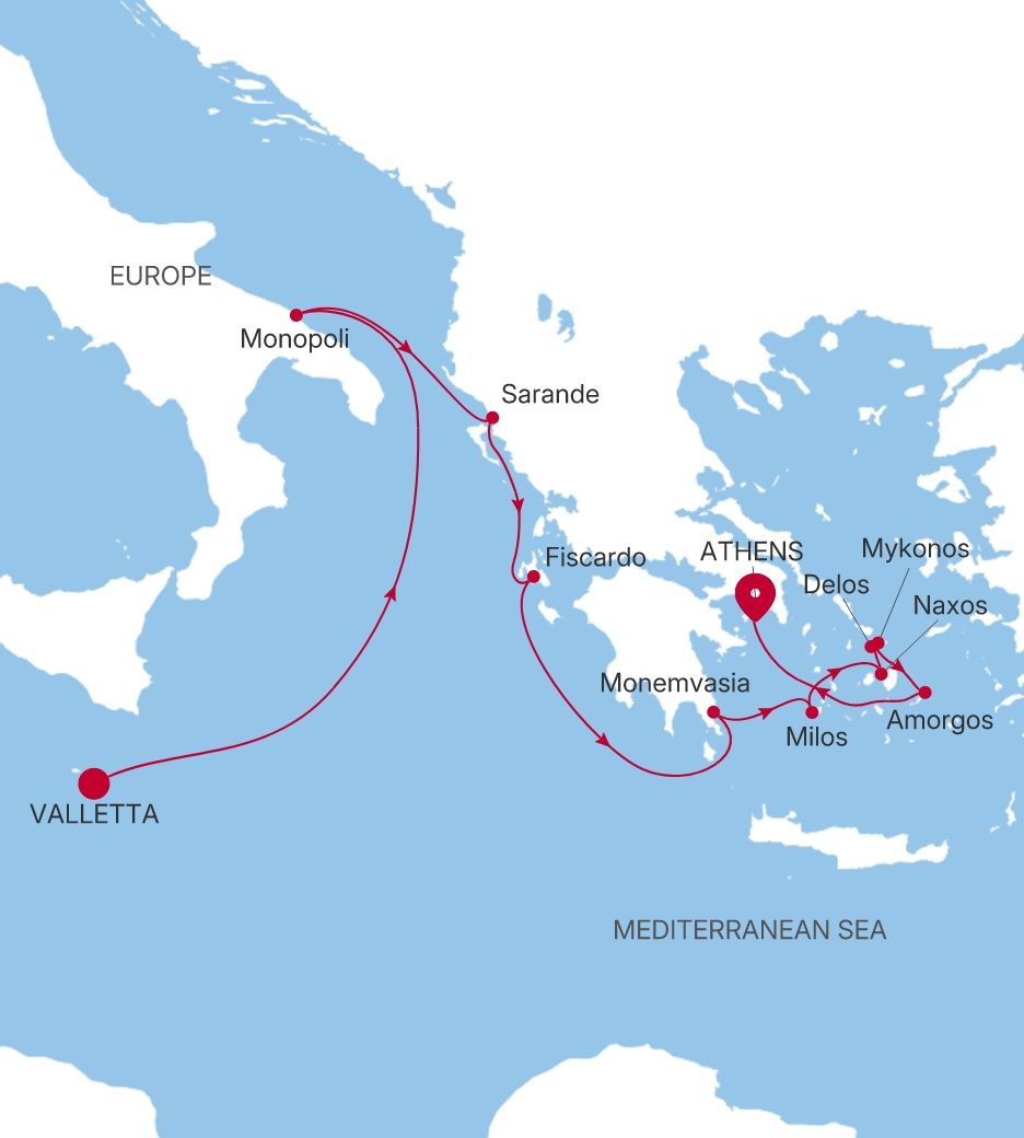 Silver Wind Valletta to Athens (Piraeus) voyage WI280427010 itinerary map