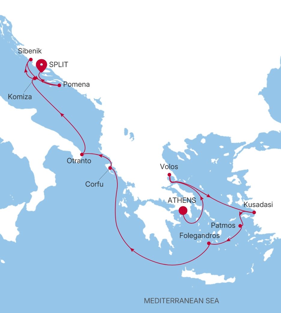 Map of Silver Wind voyage WI280507010 from Athens (Piraeus) to Split