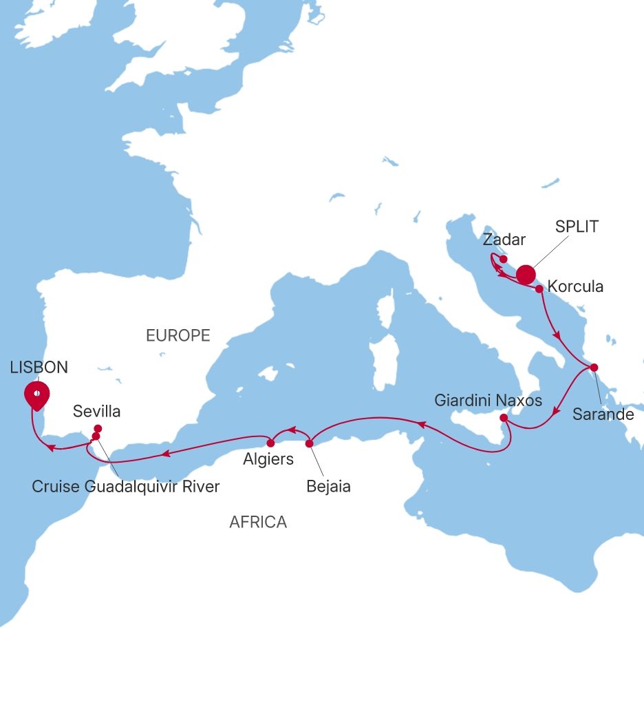 Map of Silver Wind voyage WI280517014 from Split to Lisbon