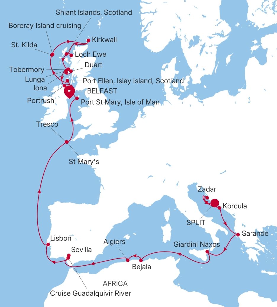 Map of Silver Wind voyage WI280517C26 from Split to Belfast
