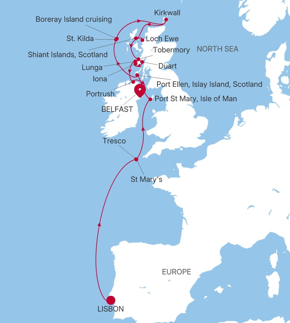 Map of Silver Wind voyage WI280531012 from Lisbon to Belfast