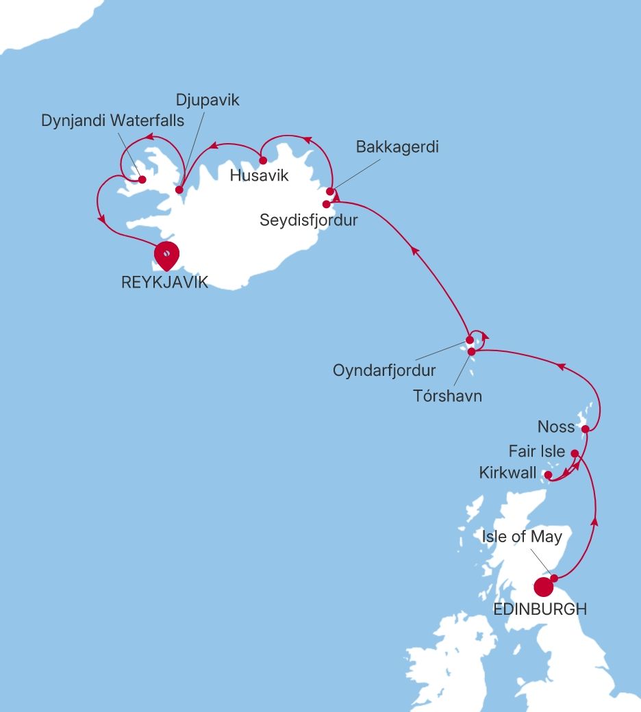 Map of Silver Wind voyage WI280622012 from Edinburgh (Leith) to Reykjavik