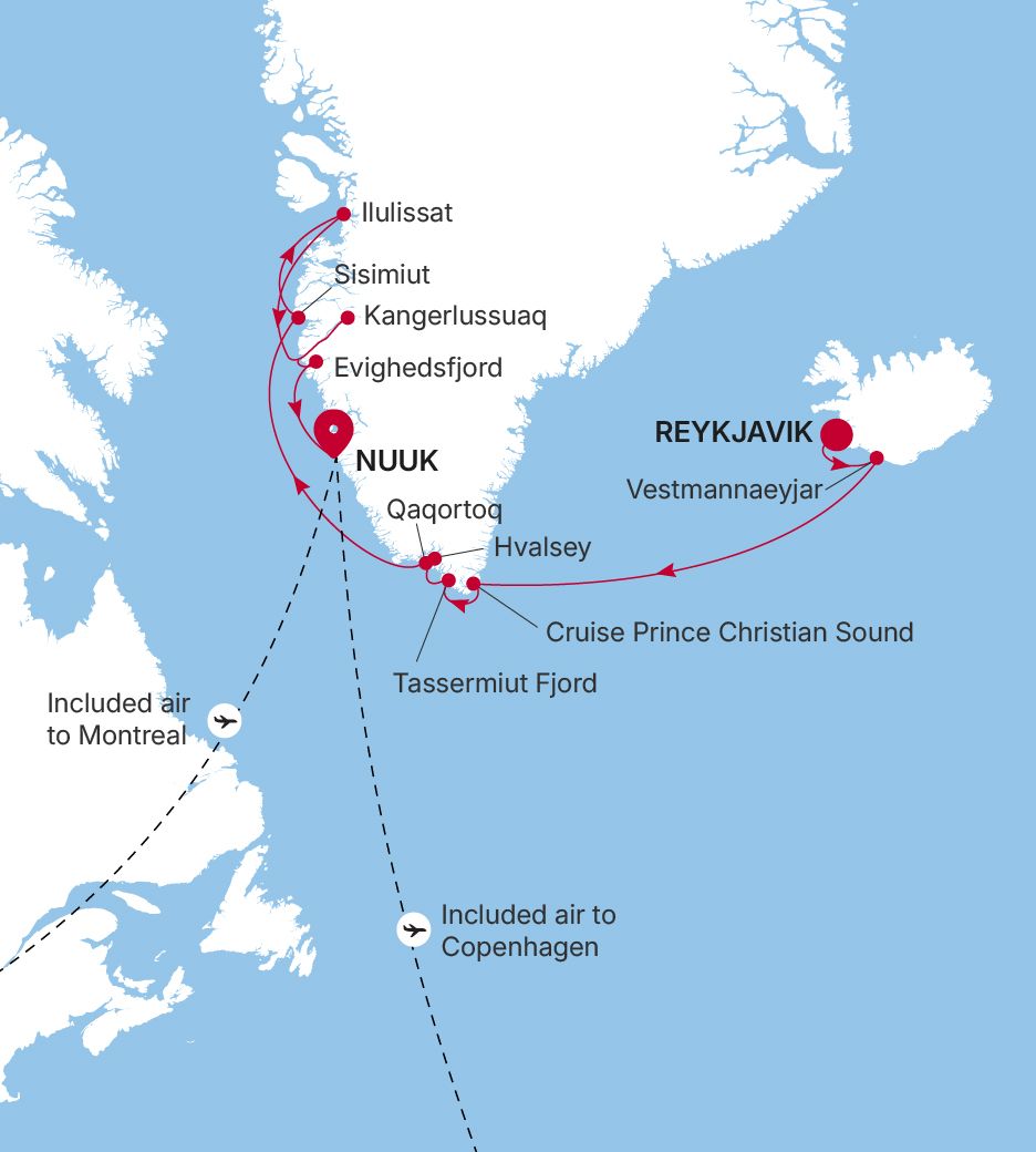 Map of Silver Wind voyage WI280704012 from Reykjavik to Nuuk (Godthab)