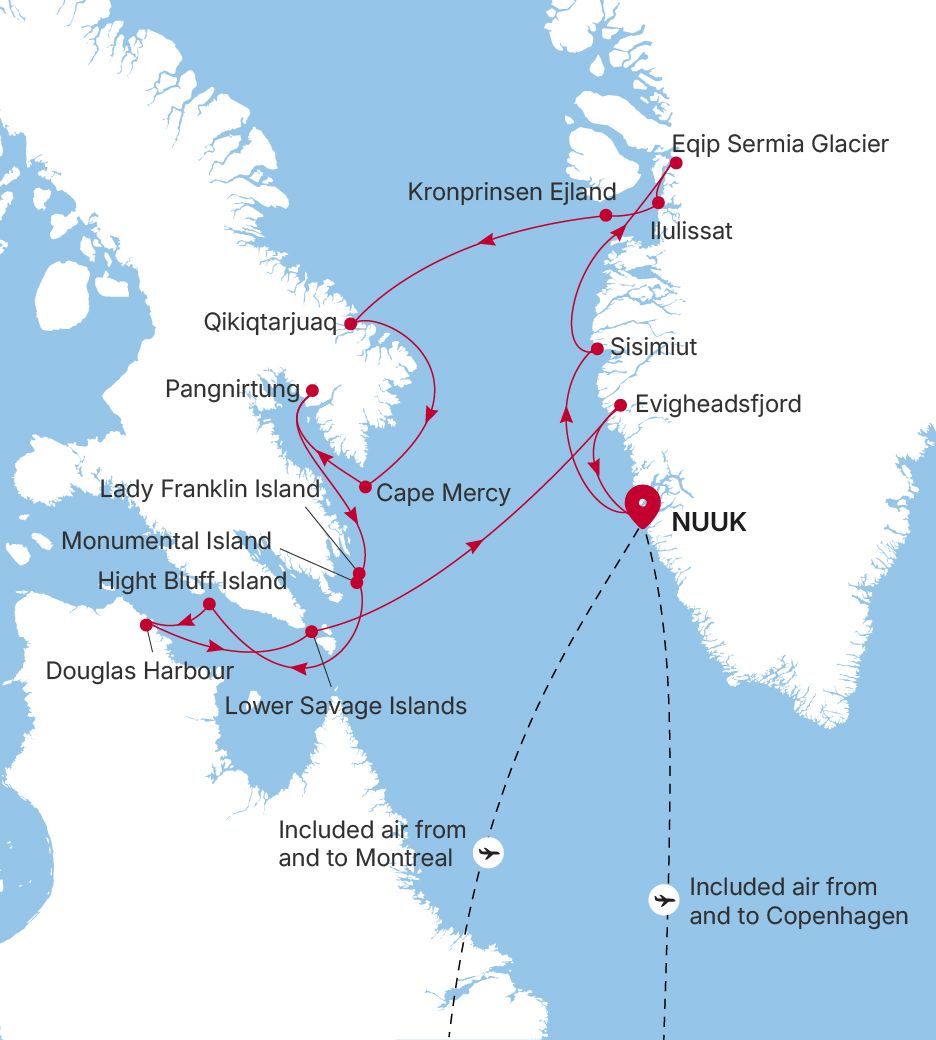 Map of Silver Wind voyage WI280730014 from Nuuk (Godthab) to Nuuk (Godthab)