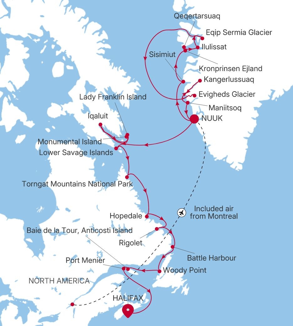 Silver Wind Nuuk (Godthab) to Halifax, Nova Scotia voyage WI280910C22 itinerary map