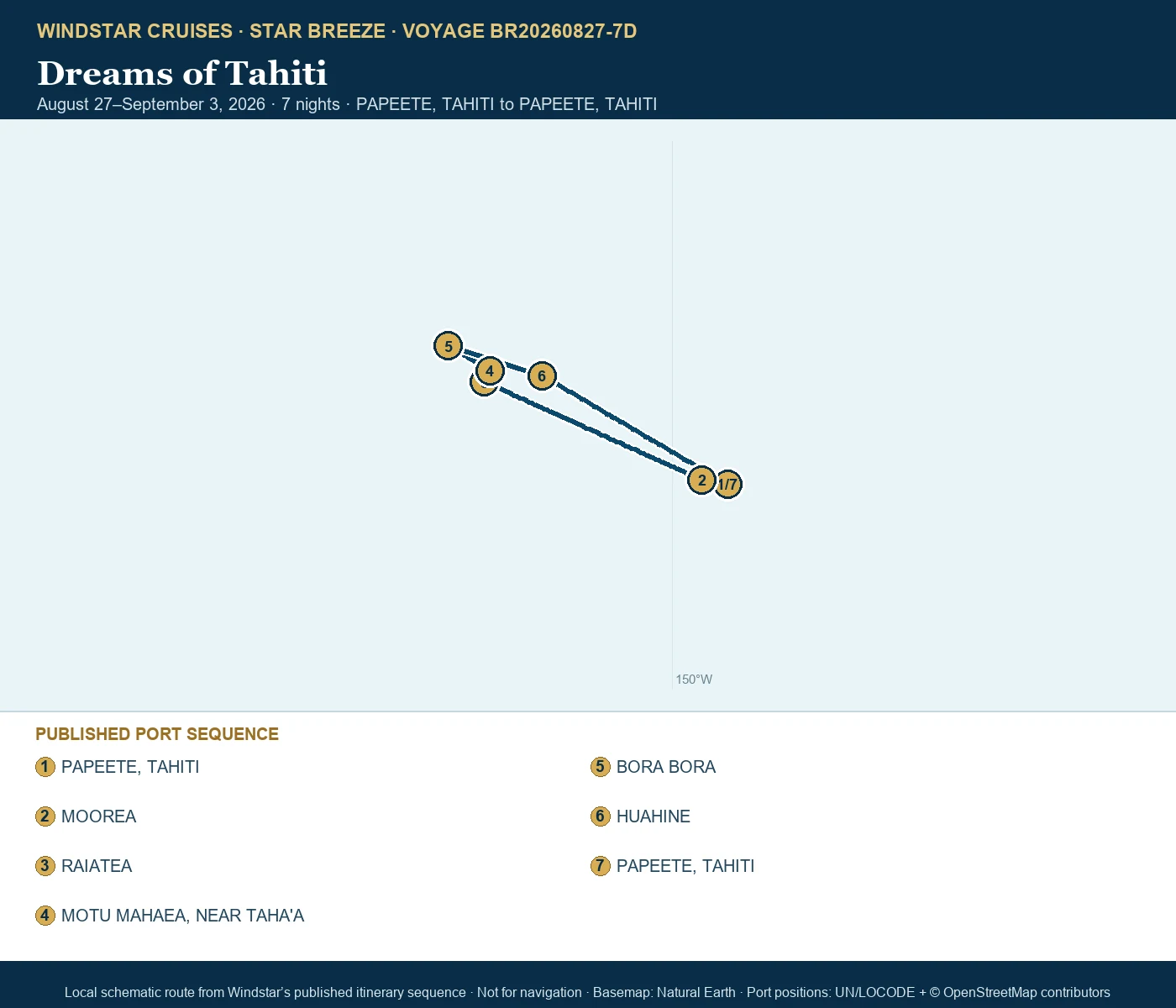 Star Breeze August 27-September 3 2026 route map from PAPEETE, TAHITI to PAPEETE, TAHITI