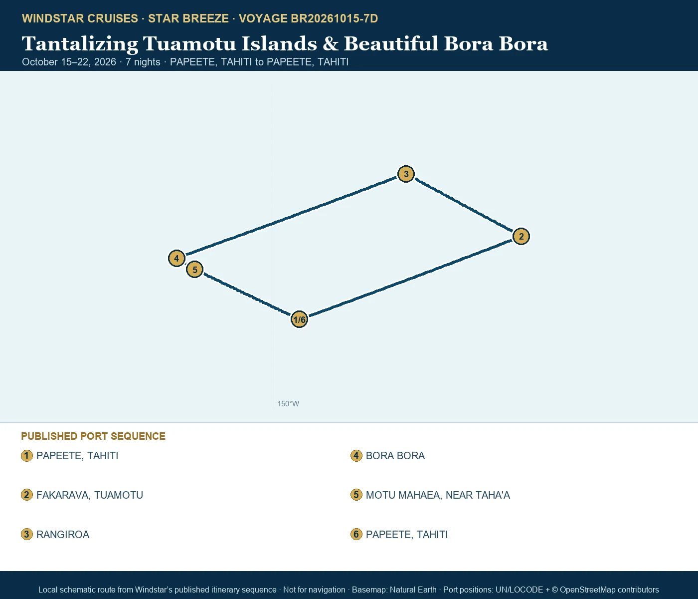 Star Breeze October 15-22 2026 route map from PAPEETE, TAHITI to PAPEETE, TAHITI