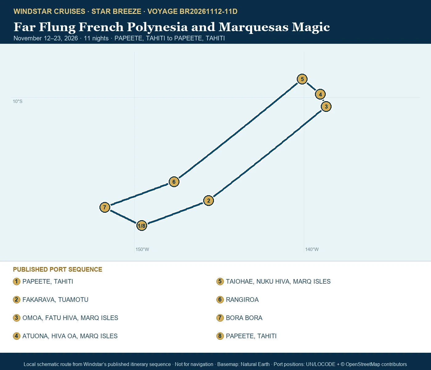 Star Breeze November 12-23 2026 route map from PAPEETE, TAHITI to PAPEETE, TAHITI