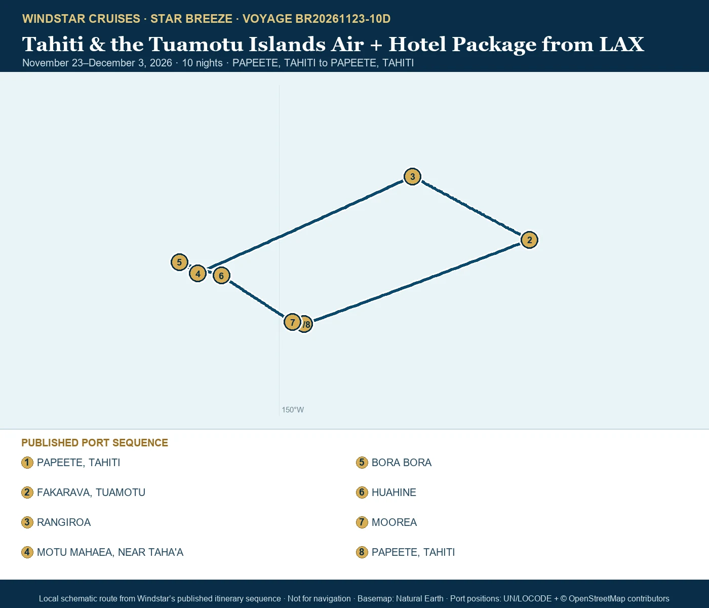 Star Breeze November 23-December 3 2026 route map from PAPEETE, TAHITI to PAPEETE, TAHITI
