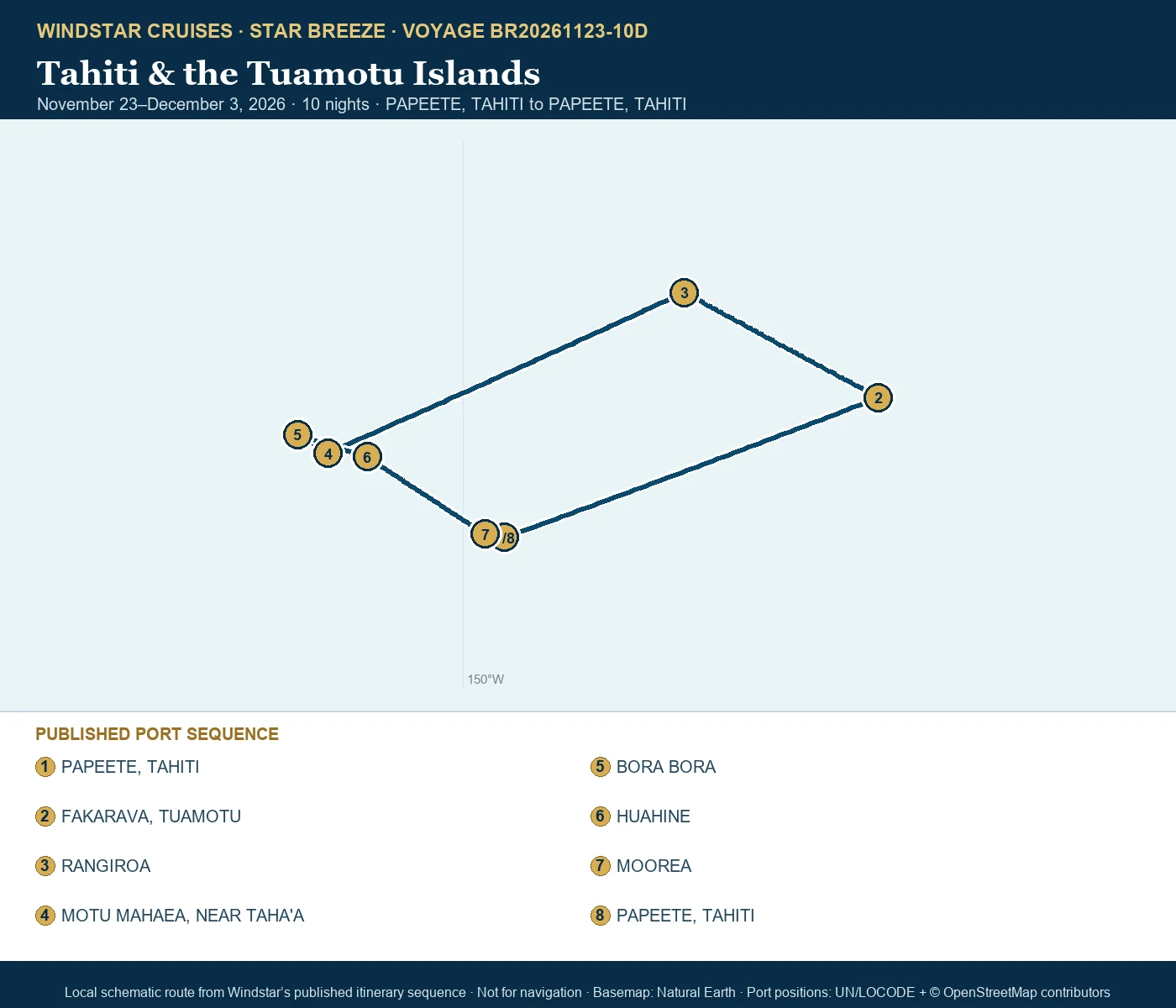 Star Breeze November 23-December 3 2026 route map from PAPEETE, TAHITI to PAPEETE, TAHITI
