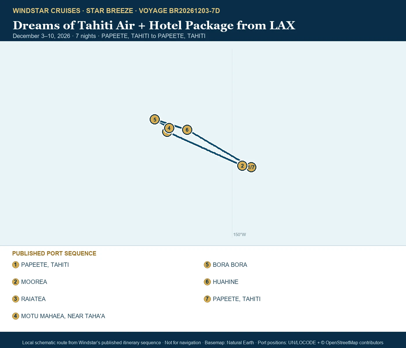 Star Breeze December 3-10 2026 route map from PAPEETE, TAHITI to PAPEETE, TAHITI