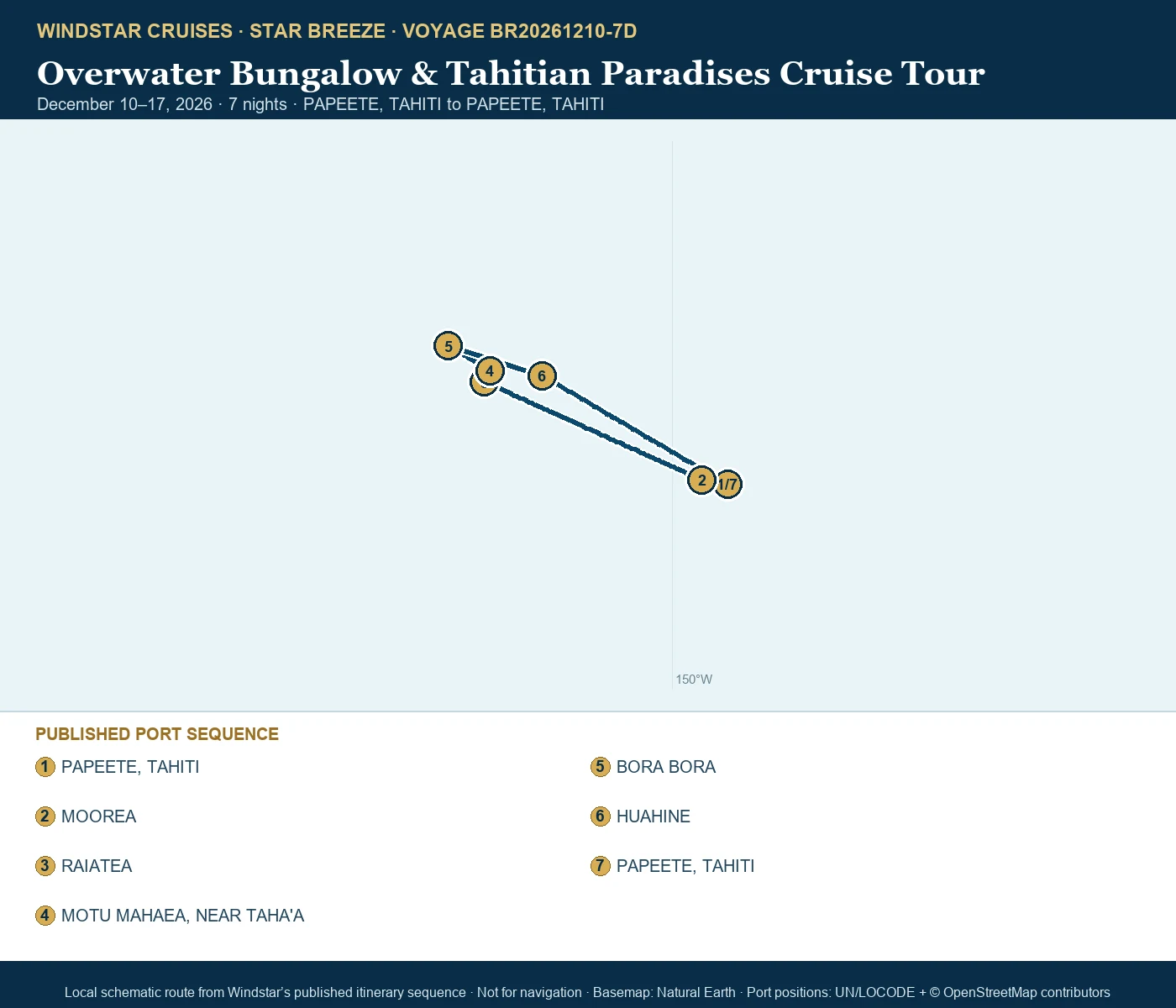 Star Breeze December 10-17 2026 route map from PAPEETE, TAHITI to PAPEETE, TAHITI