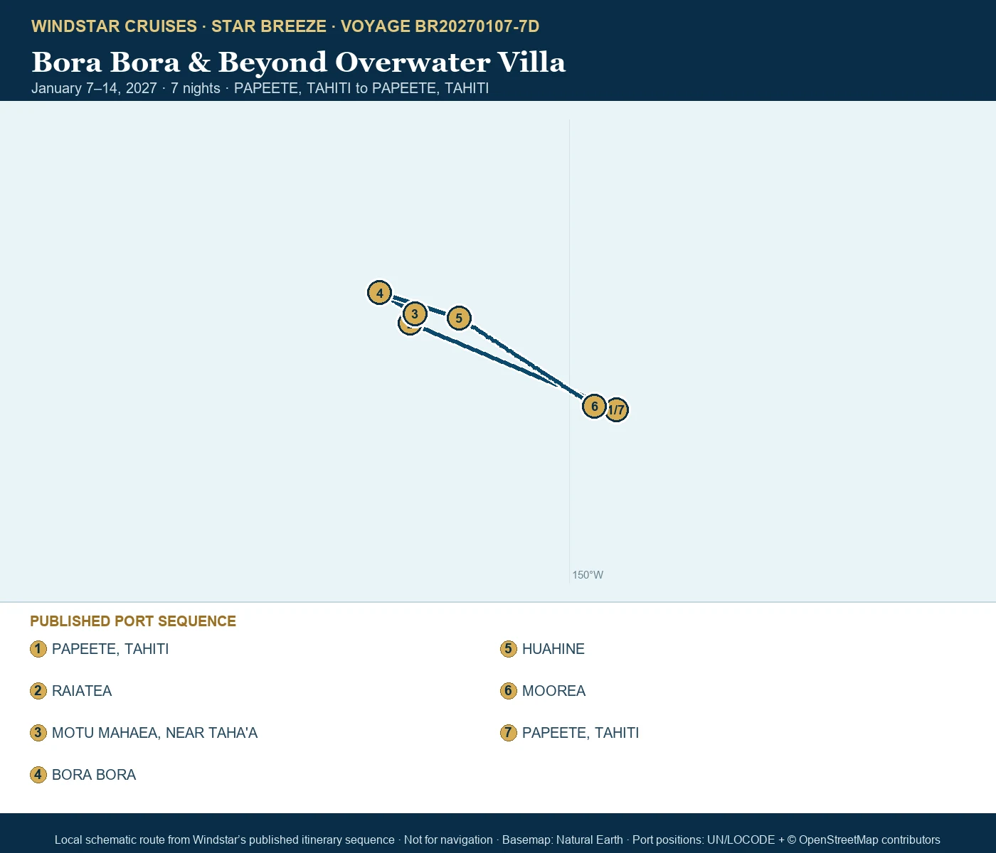 Star Breeze January 7-14 2027 route map from PAPEETE, TAHITI to PAPEETE, TAHITI