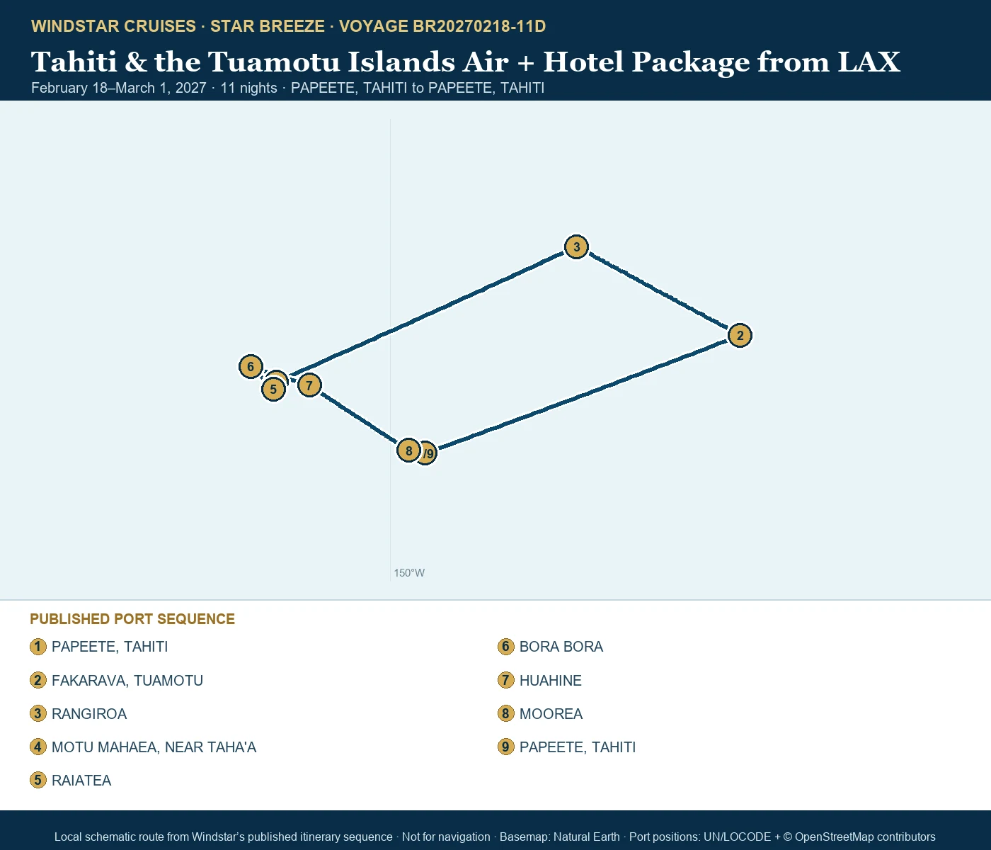 Star Breeze February 18-March 1 2027 route map from PAPEETE, TAHITI to PAPEETE, TAHITI