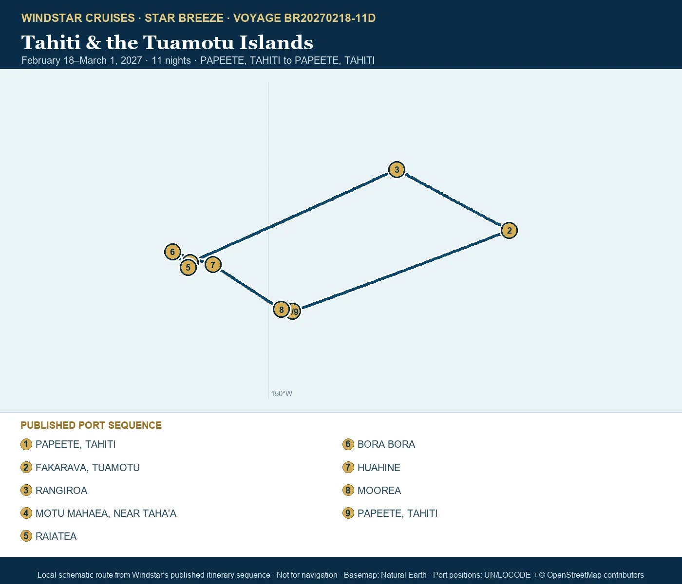 Star Breeze February 18-March 1 2027 route map from PAPEETE, TAHITI to PAPEETE, TAHITI