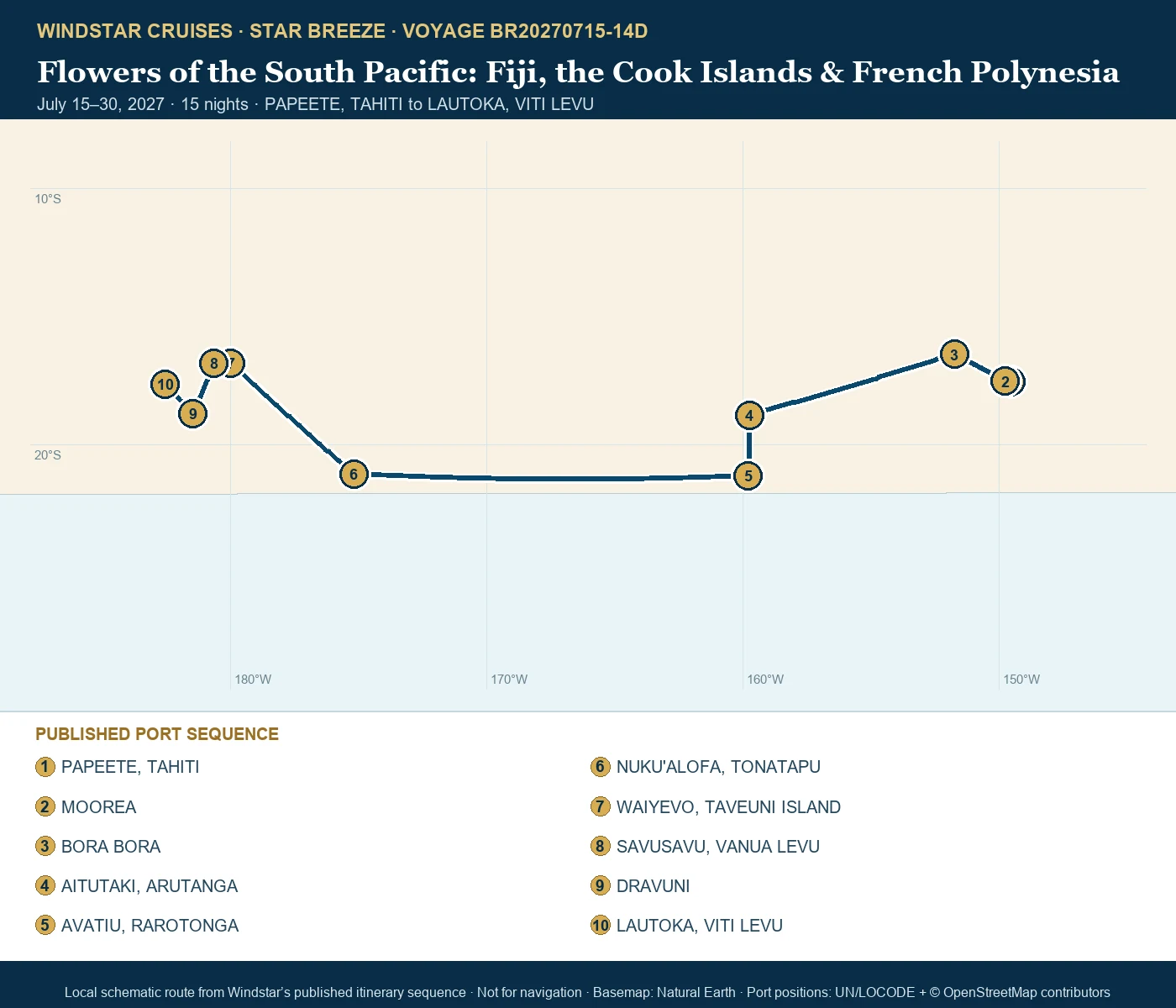 Star Breeze July 15-30 2027 route map from PAPEETE, TAHITI to LAUTOKA, VITI LEVU
