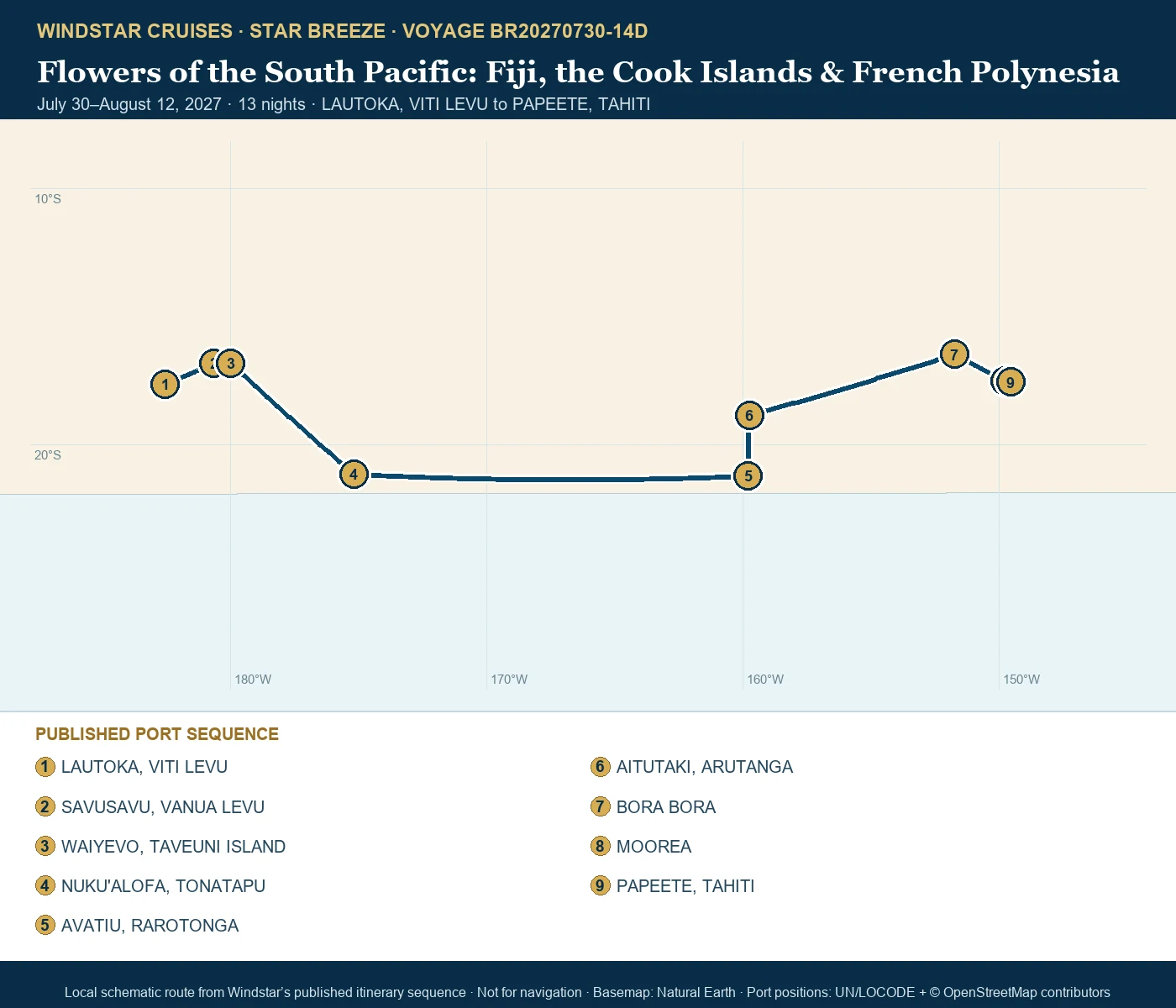 Star Breeze July 30-August 12 2027 route map from LAUTOKA, VITI LEVU to PAPEETE, TAHITI