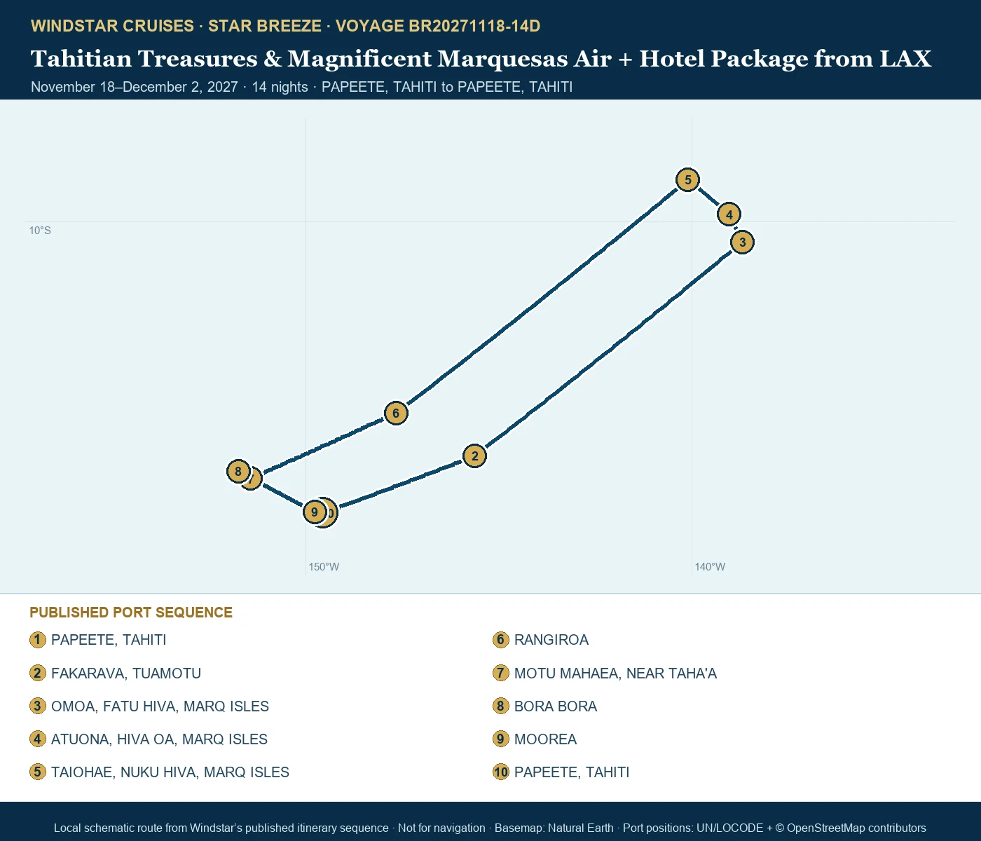 Star Breeze November 18-December 2 2027 route map from PAPEETE, TAHITI to PAPEETE, TAHITI