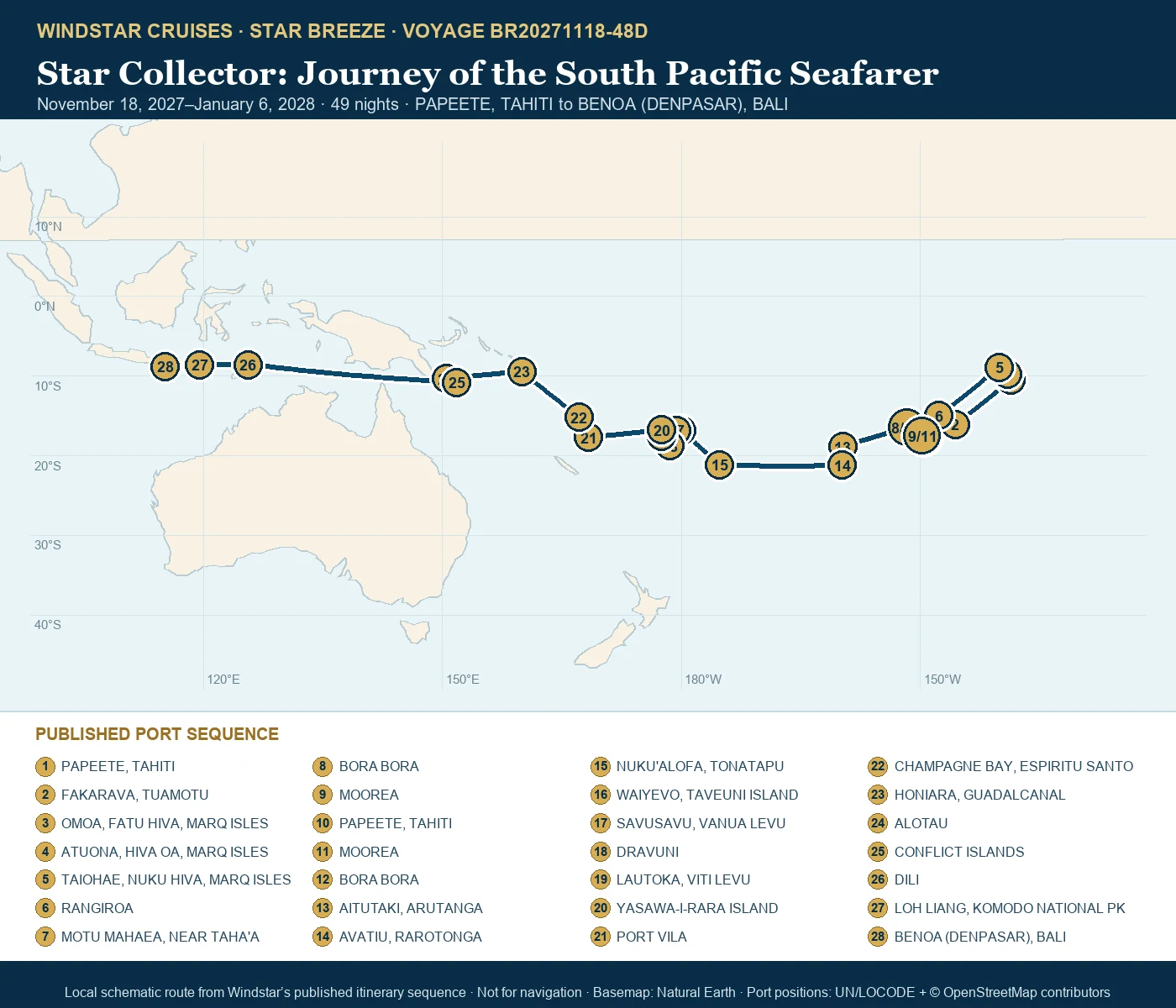 Star Breeze November 18 2027-January 6 2028 route map from PAPEETE, TAHITI to BENOA (DENPASAR), BALI