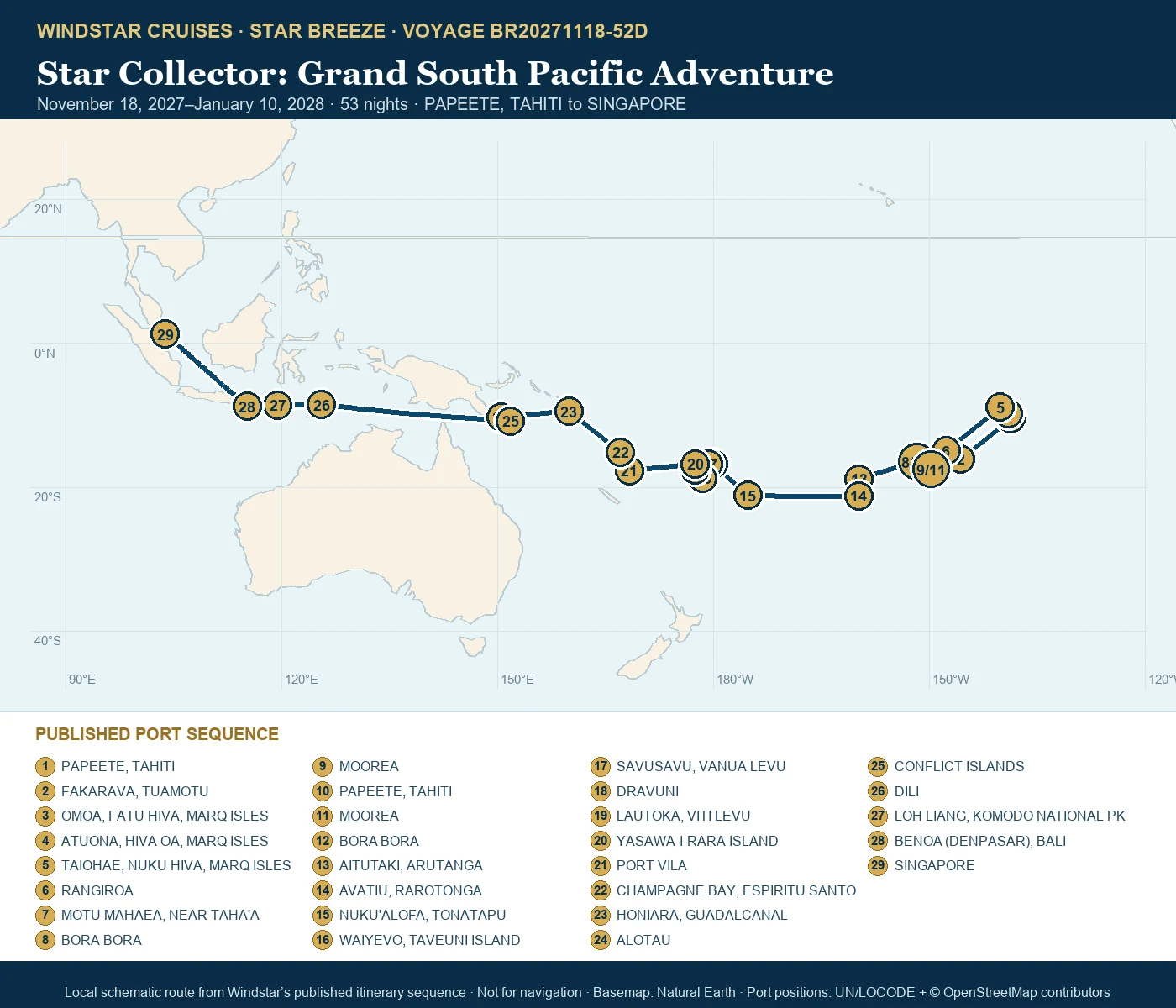 Star Breeze November 18 2027-January 10 2028 route map from PAPEETE, TAHITI to SINGAPORE