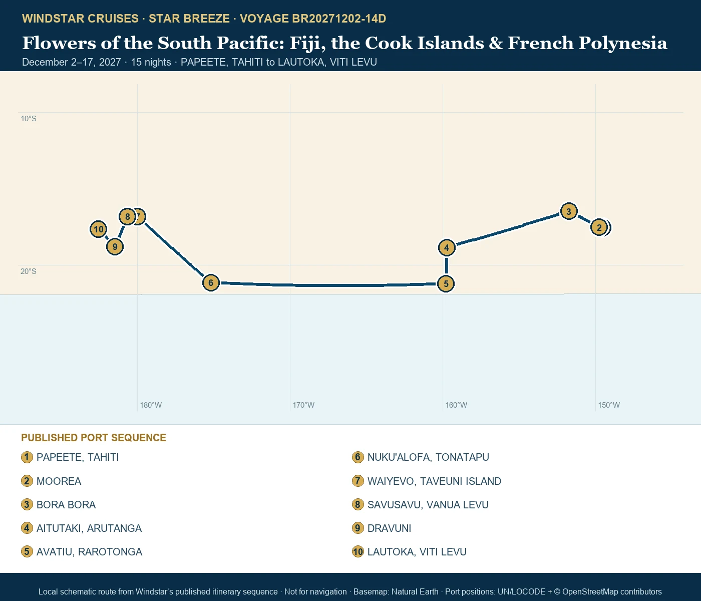 Star Breeze December 2-17 2027 route map from PAPEETE, TAHITI to LAUTOKA, VITI LEVU