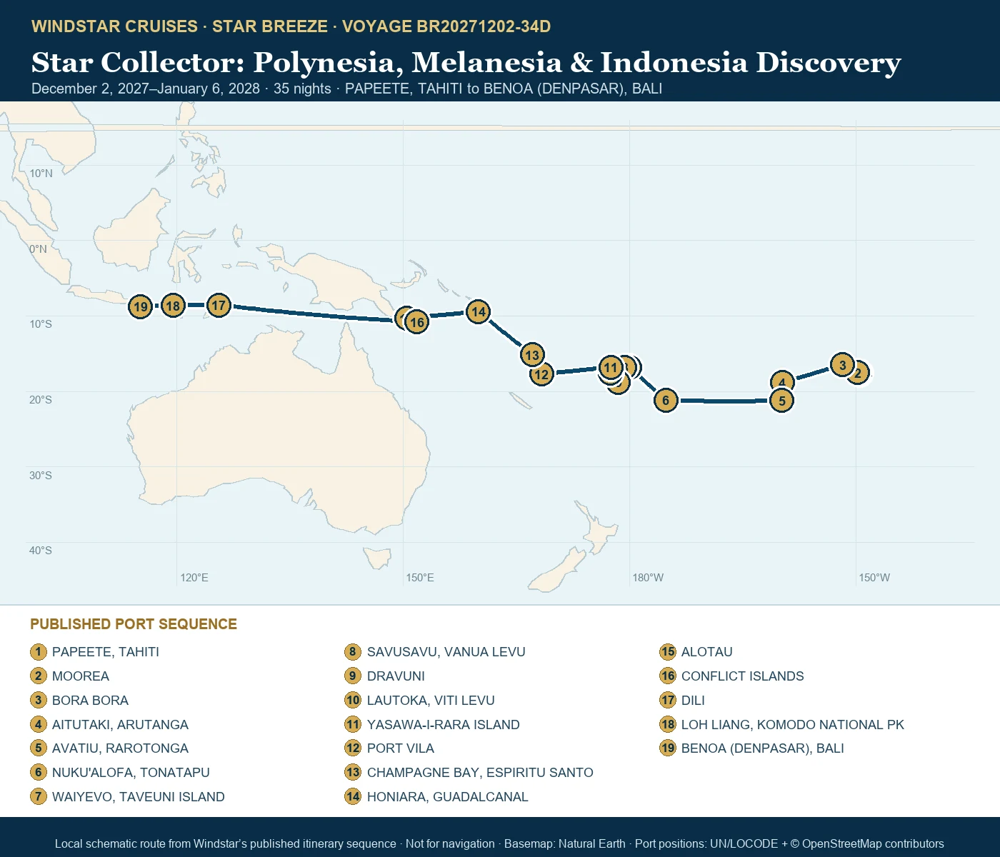 Star Breeze December 2 2027-January 6 2028 route map from PAPEETE, TAHITI to BENOA (DENPASAR), BALI