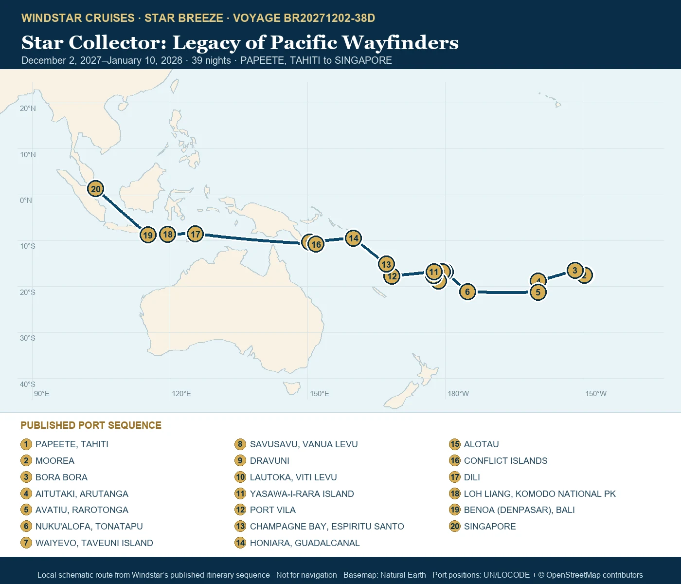 Star Breeze December 2 2027-January 10 2028 route map from PAPEETE, TAHITI to SINGAPORE