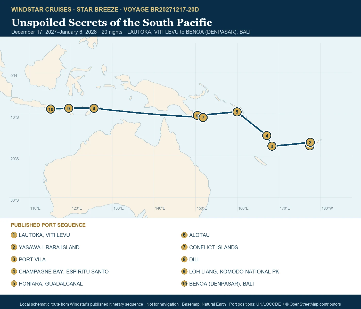 Star Breeze December 17 2027-January 6 2028 route map from LAUTOKA, VITI LEVU to BENOA (DENPASAR), BALI