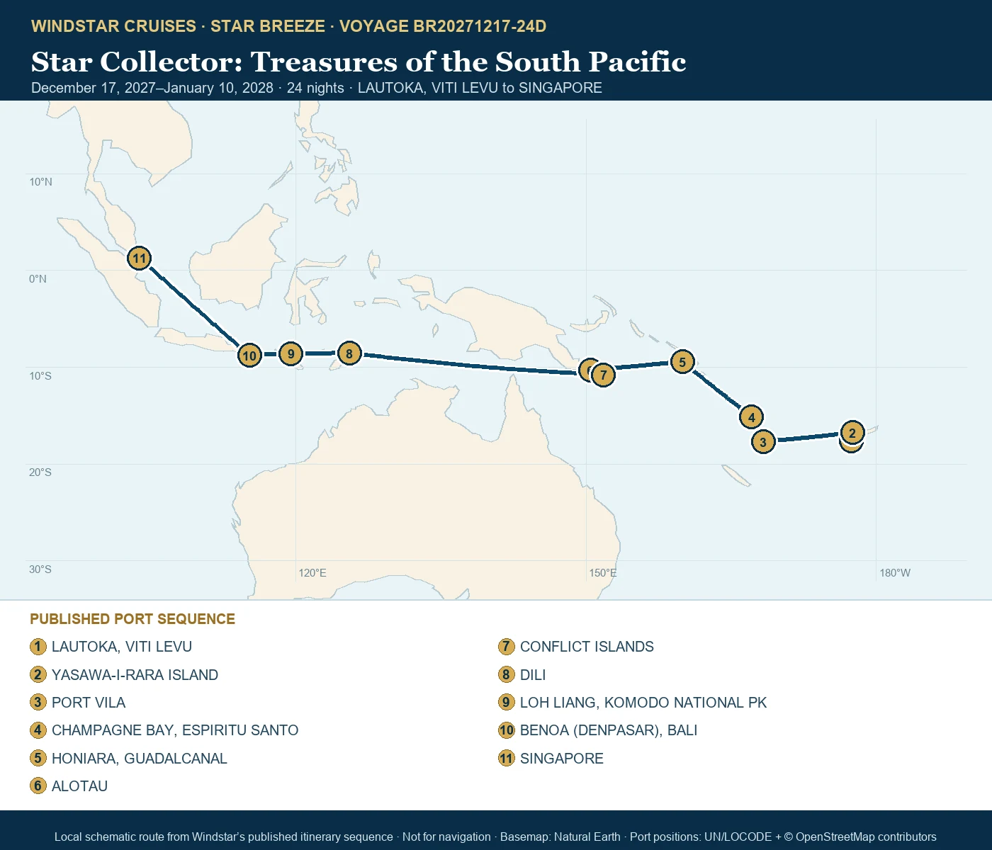 Star Breeze December 17 2027-January 10 2028 route map from LAUTOKA, VITI LEVU to SINGAPORE