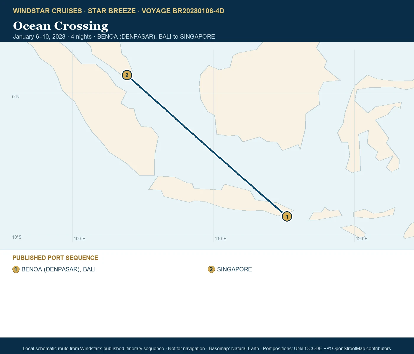 Star Breeze January 6-10 2028 route map from BENOA (DENPASAR), BALI to SINGAPORE